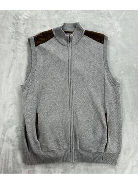 CHAPS Sweater Vest Mens XL Gray‎ Suede Trim Full Zip Sleeveless
